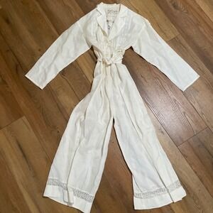 Karen Alexander's House Vintage White 100% Linen Lace Eyelet Jumpsuit Size 4 USA